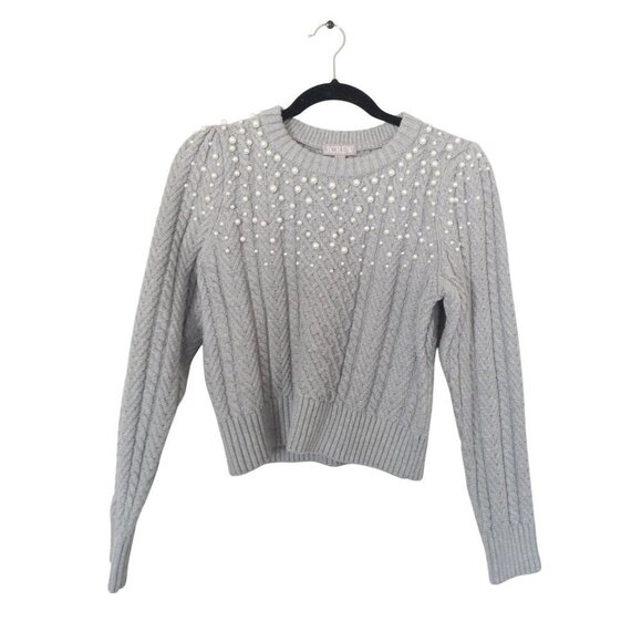 J. Crew Pearl embellished cotton cable-knit sweater Grey with White Pearls Size - Picture 1 of 8